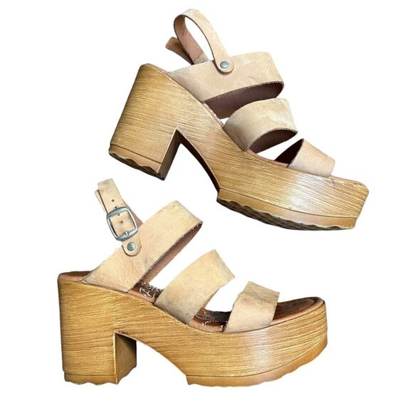 Musse & Cloud McFrisa Beige‎ Platform Leather Wood Heel Sandals Womens Size 6 - Picture 1 of 7